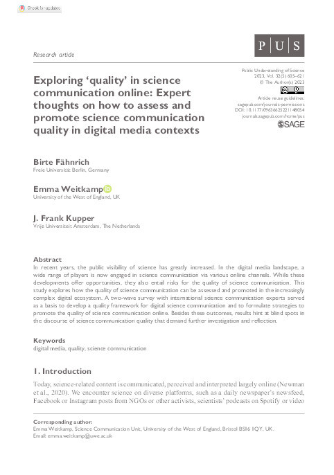Exploring ‘quality’ in science communication online: Expert thoughts on how to assess and promote science communication quality in digital media contexts Thumbnail