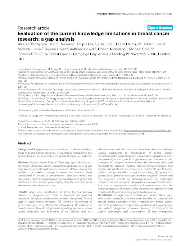 Evaluation of the current knowledge limitations in breast cancer research: A gap analysis Thumbnail