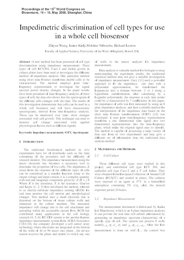 Impedimetric discrimination of cell types for use in a whole cell biosensor Thumbnail