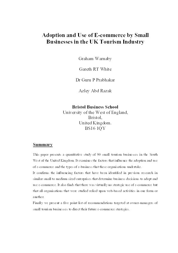 Adoption and use of E-commerce by small businesses in the UK tourism industry Thumbnail