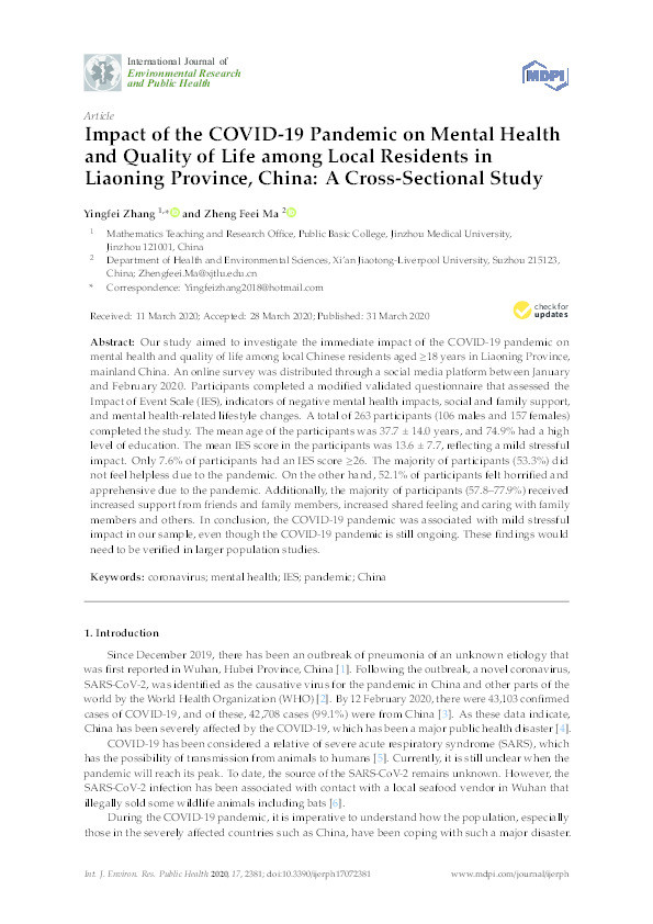 Impact of the COVID-19 Pandemic on mental health and quality of life among local residents in Liaoning Province, China: A cross-sectional study Thumbnail