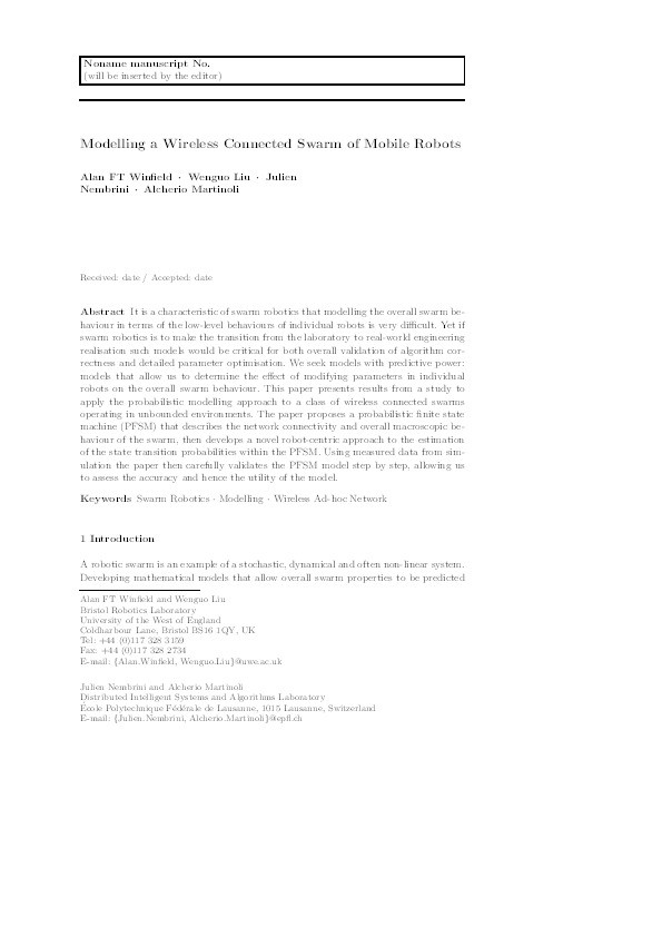 Modelling a wireless connected swarm of mobile robots Thumbnail