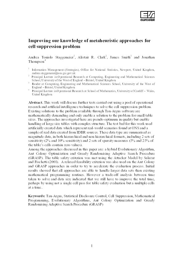 Improving our knowledge of metaheuristic approaches for cell suppression problem Thumbnail