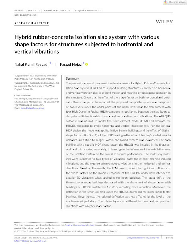 Hybrid rubber-concrete isolation slab system with various shape factors for structures subjected to horizontal and vertical vibrations Thumbnail