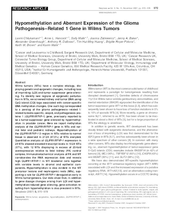 Hypomethylation and aberrant expression of the glioma pathogenesis-related 1 gene in Wilms tumors Thumbnail