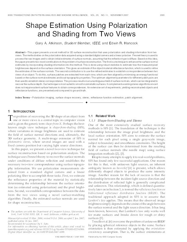 Shape estimation using polarization and shading from two views Thumbnail