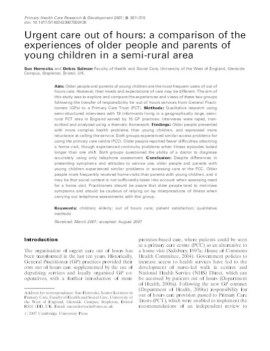 Urgent care out of hours: A comparison of the experiences of older people and parents of young children in a semi-rural area Thumbnail