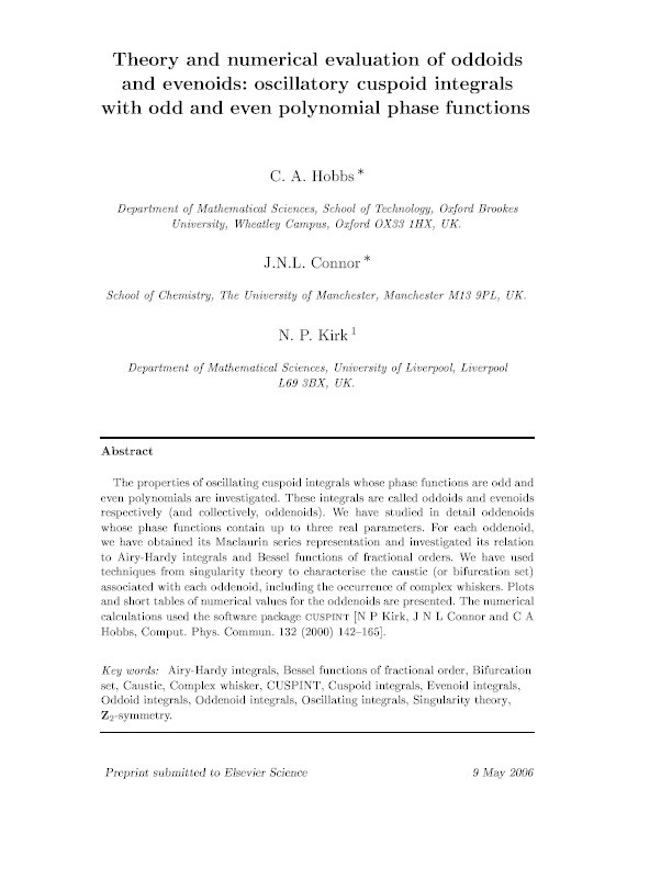 Theory and numerical evaluation of oddoids and evenoids: Oscillatory cuspoid integrals with odd and even polynomial phase functions Thumbnail