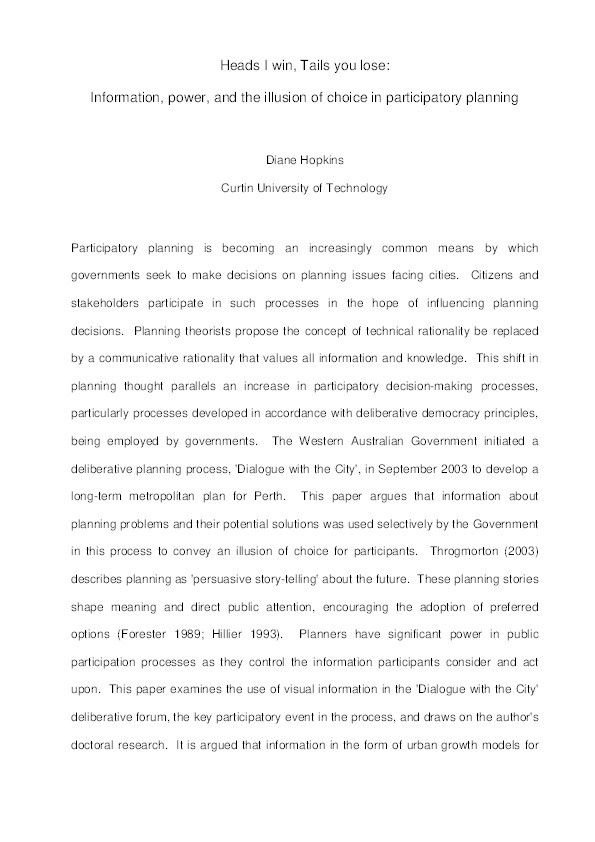 Heads I win, tails you lose: information, power, and the illusion of choice in participatory planning Thumbnail