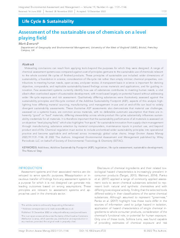 Assessment of the sustainable use of chemicals on a level playing field Thumbnail