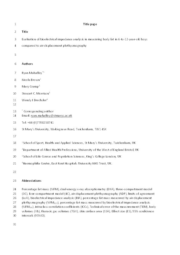 Evaluation of bioelectrical impedance analysis in measuring body fat in 6-to-12-year-old boys compared to air displacement plethysmography Thumbnail