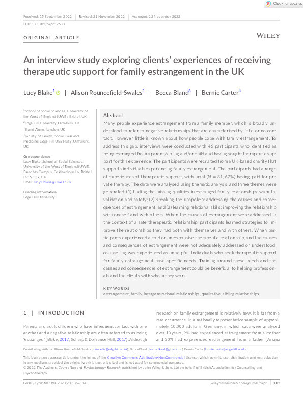 An interview study exploring clients' experiences of receiving therapeutic support for family estrangement in the UK Thumbnail