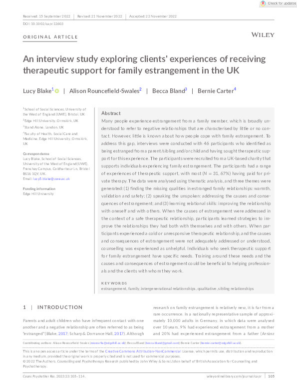 An interview study exploring clients' experiences of receiving therapeutic support for family estrangement in the UK Thumbnail