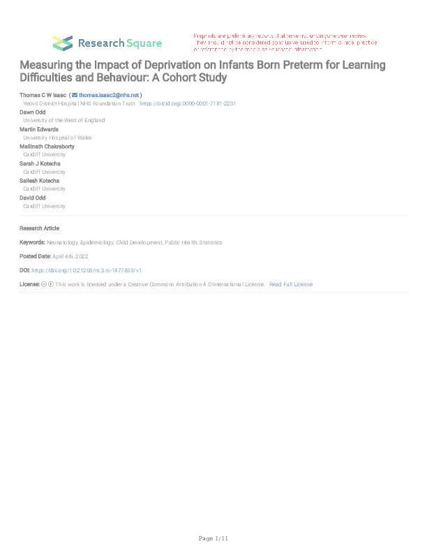 Measuring the impact of deprivation on infants born preterm for learning difficulties and behaviour: A cohort study Thumbnail
