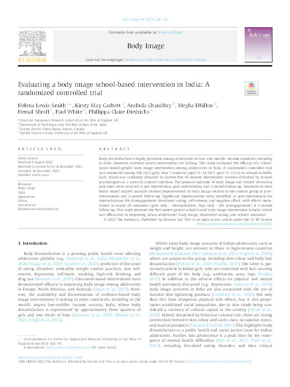 Evaluating a body image school-based intervention in India: A randomized controlled trial Thumbnail