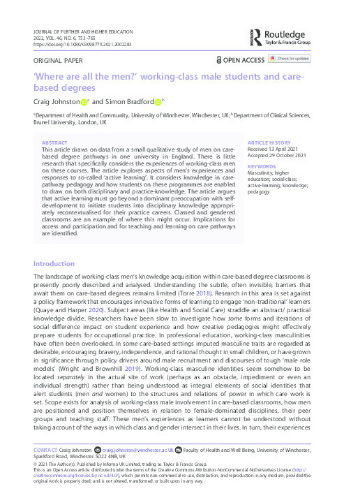 ‘Where are all the men?’ Working-class male students and care-based degrees Thumbnail