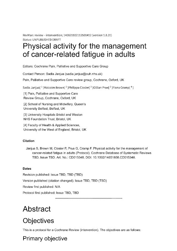 Physical activity for the management of cancer-related fatigue in adults Thumbnail