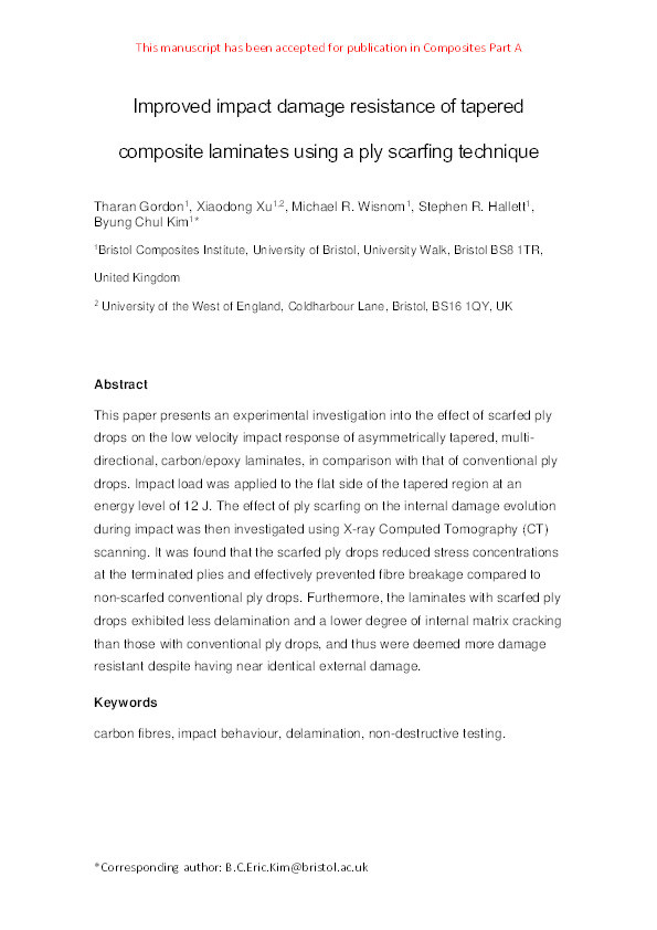 Improved impact damage resistance of tapered composite laminates using a ply scarfing technique Thumbnail