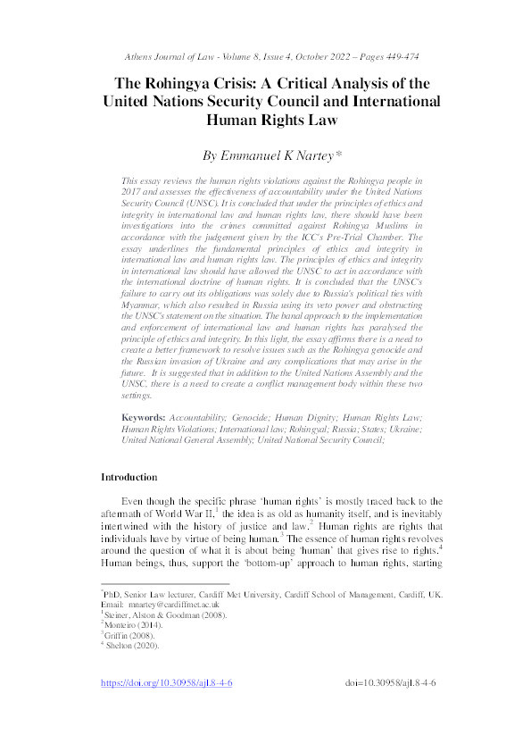 The Rohingya crisis: A critical analysis of the United Nations security council and international human rights law Thumbnail