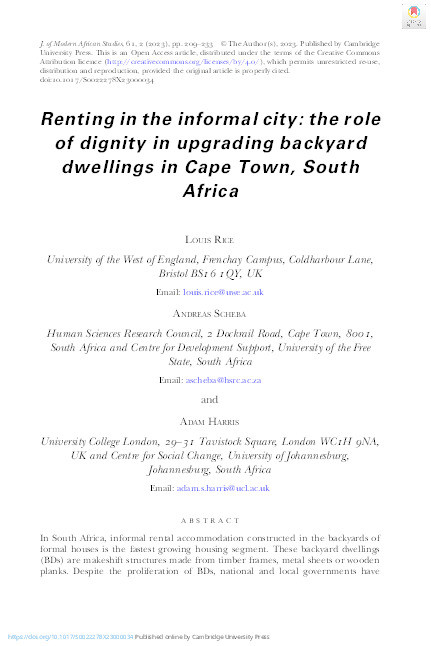 Renting in the informal city:  The role of dignity in upgrading backyard dwellings in Cape Town, South Africa Thumbnail