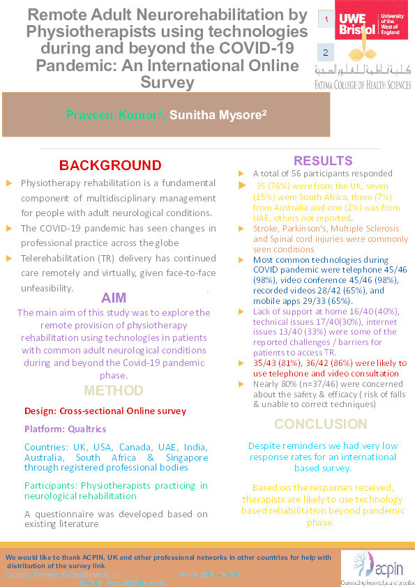 Remote adult neurorehabilitation by physiotherapists using technologies during and beyond the COVID-19 Pandemic: An international online survey Thumbnail