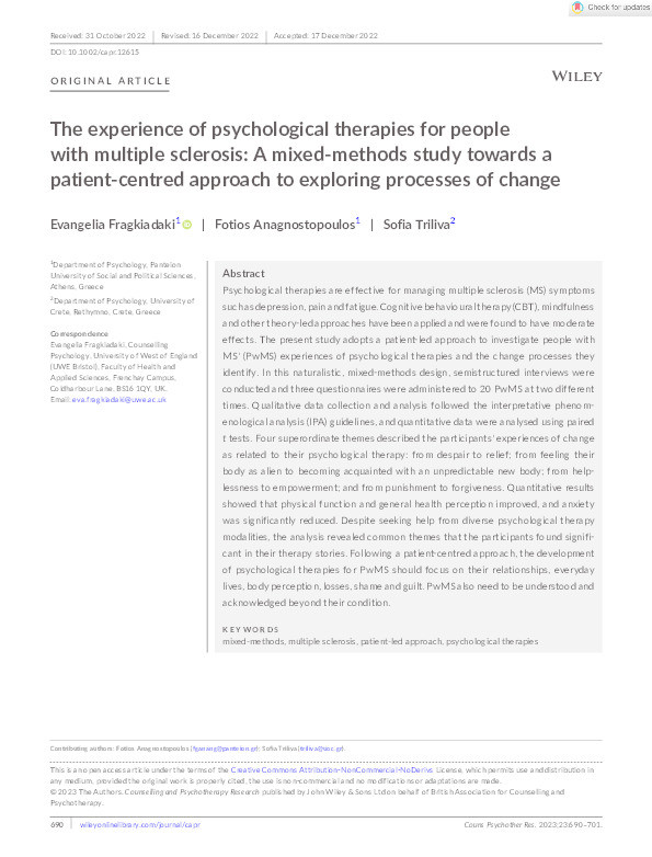 The experience of psychological therapies for people with multiple sclerosis: A mixed-methods study towards a patient-centred approach to exploring processes of change Thumbnail