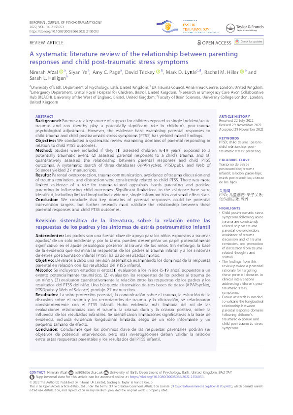 A systematic literature review of the relationship between parenting responses and child post-traumatic stress symptoms Thumbnail