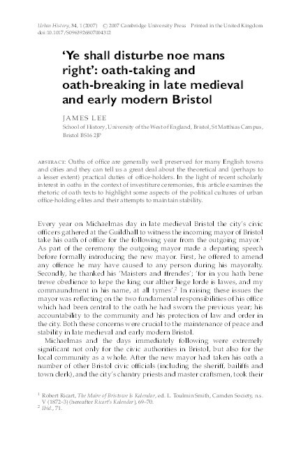 'Ye shall disturbe noe mans right': Oath-taking and oath-breaking in late medieval and early modern Bristol Thumbnail