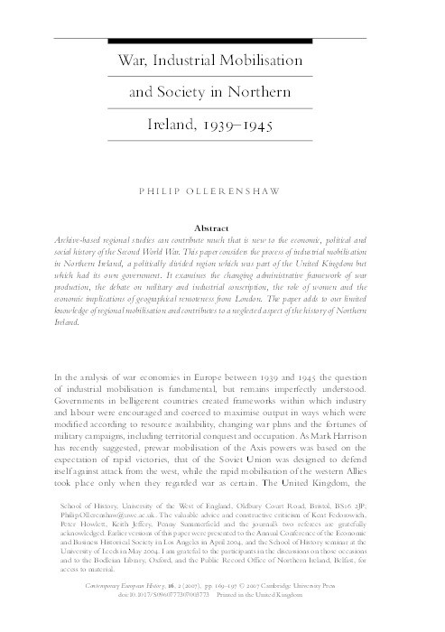 War, industrial mobilisation and society in Northern Ireland, 1939-1945 Thumbnail