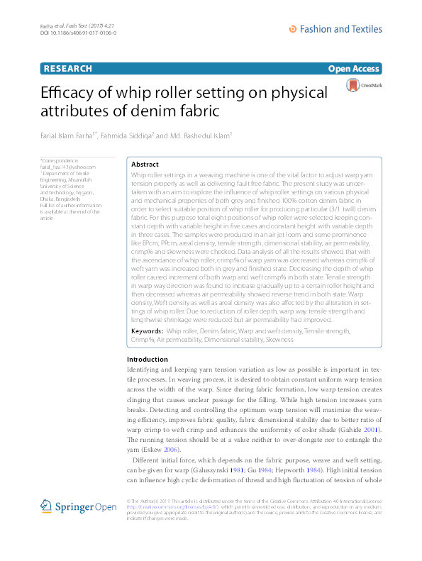 Efficacy of whip roller setting on physical attributes of denim fabric Thumbnail
