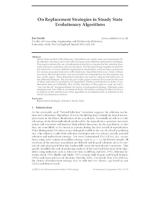 On replacement strategies in steady state evolutionary algorithms Thumbnail