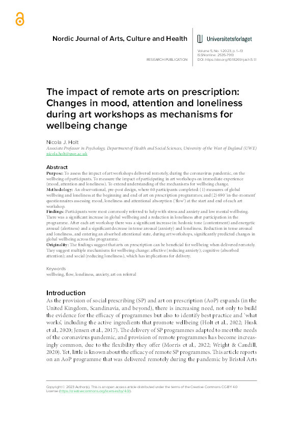The impact of remote arts on prescription: Changes in mood, attention and loneliness during art workshops as mechanisms for wellbeing change Thumbnail