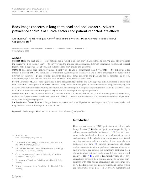 Body image concerns in long-term head and neck cancer survivors: Prevalence and role of clinical factors and patient-reported late effects Thumbnail