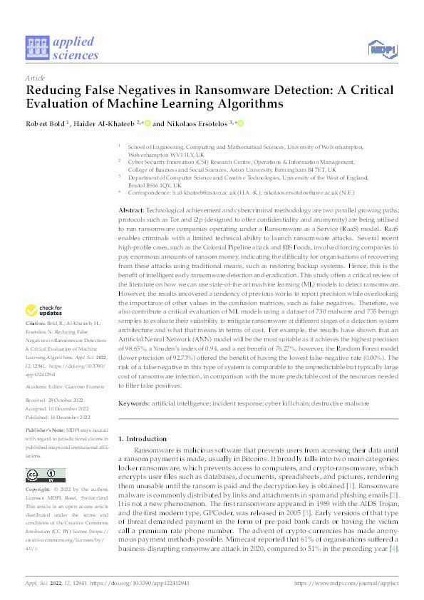 Reducing false negatives in ransomware detection: A critical evaluation of machine learning algorithms Thumbnail