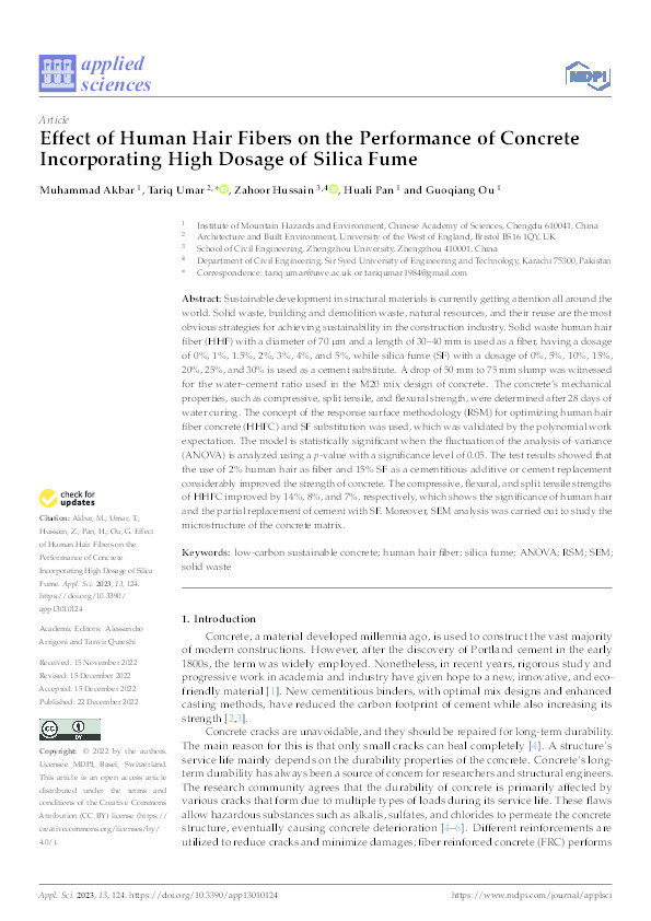 Effect of human hair fibers on the performance of concrete incorporating high dosage of silica fume Thumbnail