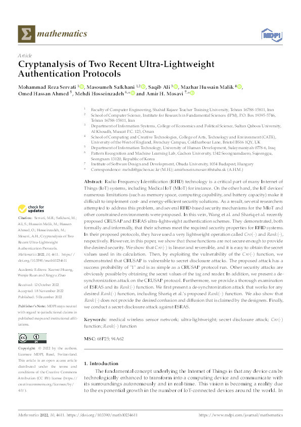 Cryptanalysis of two recent ultra-lightweight authentication protocols Thumbnail