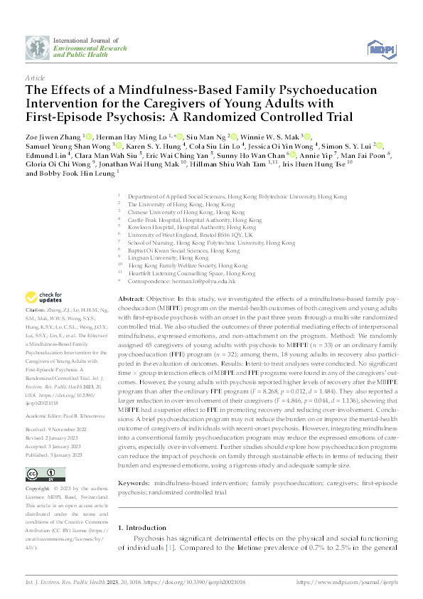 The effects of a mindfulness-based family psychoeducation intervention for the caregivers of young adults with first-episode psychosis: A randomized controlled trial Thumbnail