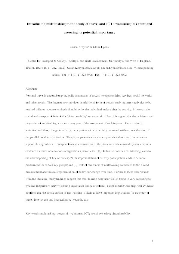 Introducing multitasking to the study of travel and ICT: Examining its extent and assessing its potential importance Thumbnail