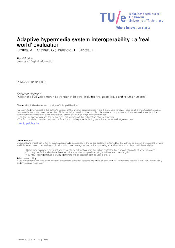 Adaptive hypermedia system interoperability: A 'real world' evaluation Thumbnail