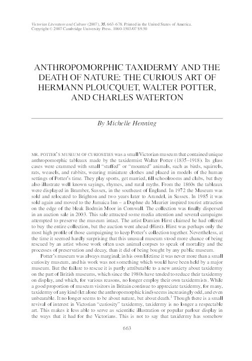 Anthropomorphic taxidermy and the death of nature: The curious art of Hermann Ploucquet, Walter Potter, and Charles Waterton Thumbnail
