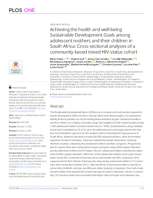 Achieving the health and well-being sustainable development goals among adolescent mothers and their children in South Africa: Cross-sectional analyses of a community-based mixed HIV-status cohort Thumbnail