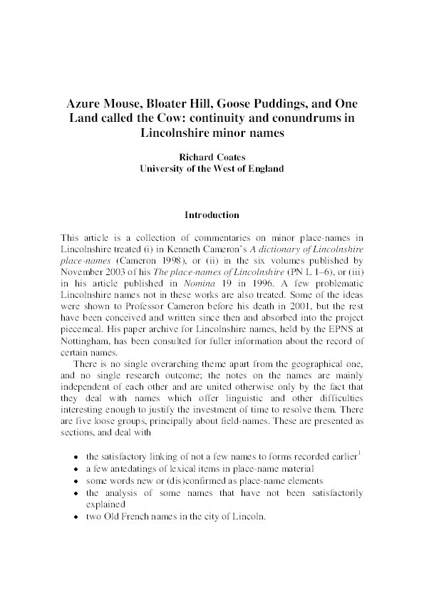 Azure Mouse, Bloater Hill, Goose Puddings, and One
Land called the Cow: Continuity and conundrums in
Lincolnshire minor names Thumbnail