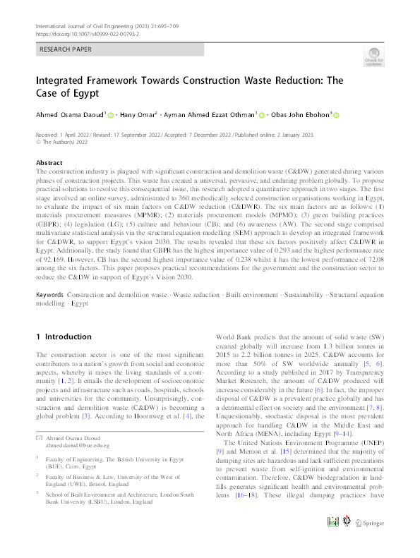 Integrated framework towards construction waste reduction: The case of Egypt Thumbnail