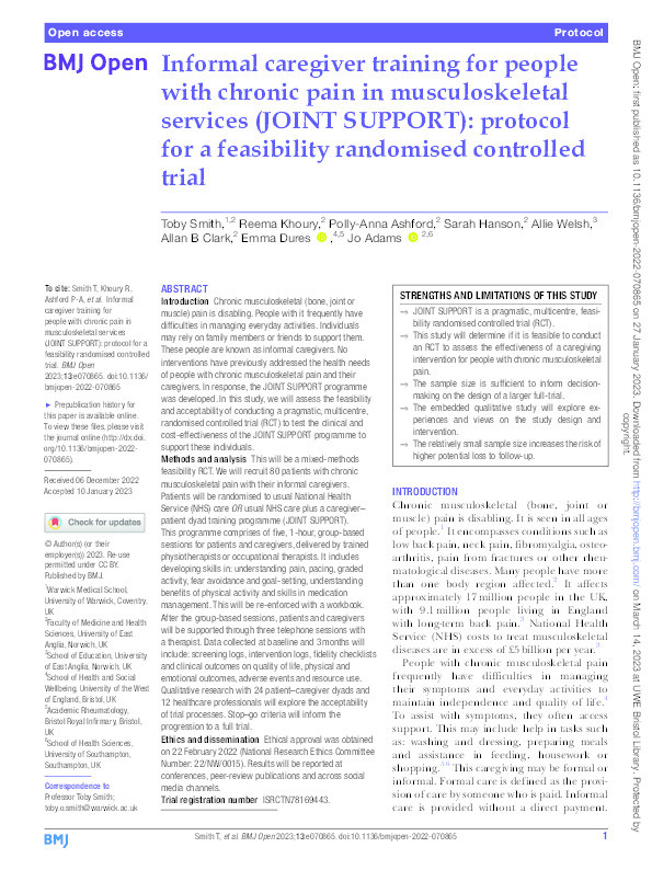 Informal caregiver training for people with chronic pain in musculoskeletal services (JOINT SUPPORT): Protocol for a feasibility randomised controlled trial Thumbnail