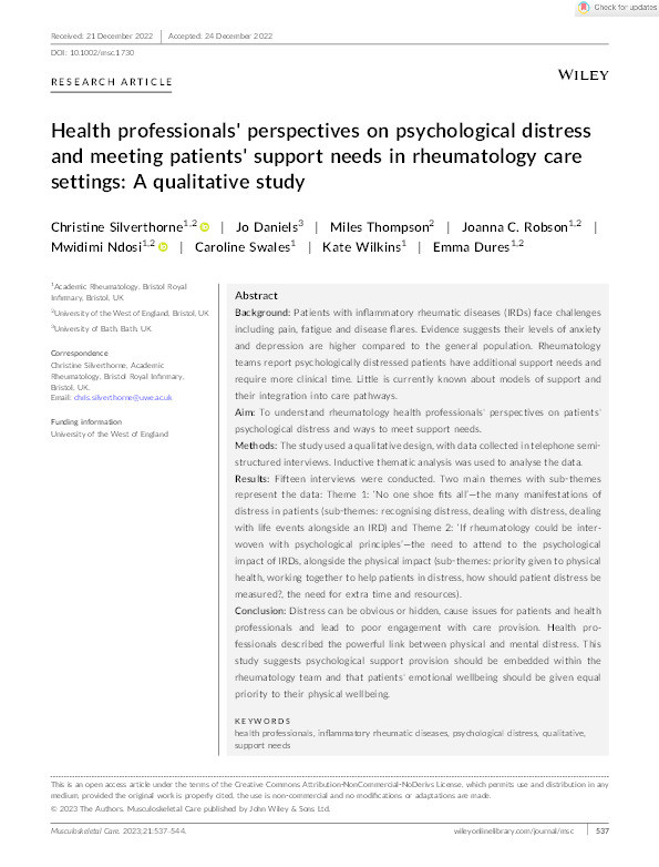 Health professionals' perspectives on psychological distress and meeting patients' support needs in rheumatology care settings: A qualitative study Thumbnail
