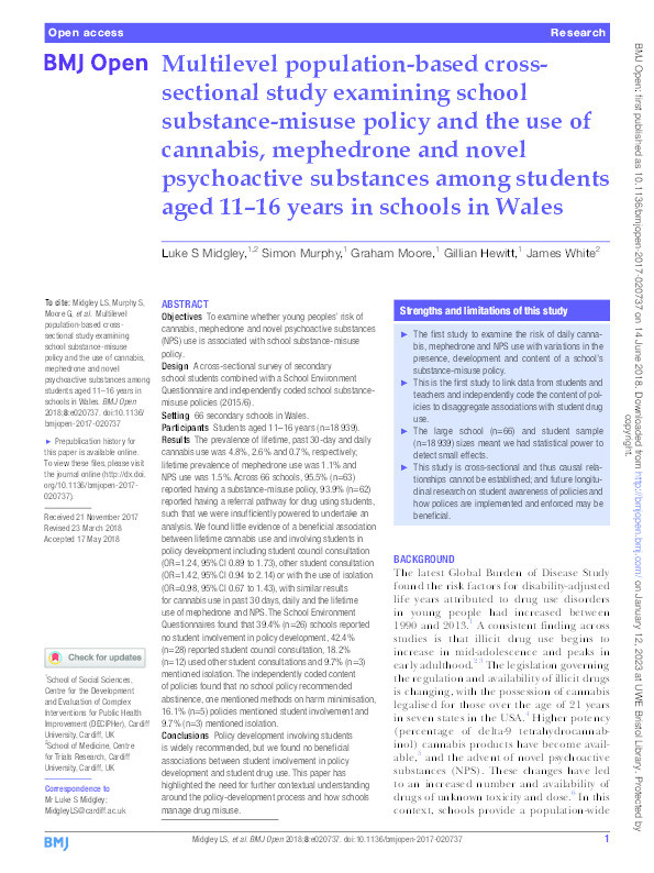Multilevel population-based cross-sectional study examining school substance-misuse policy and the use of cannabis, mephedrone and novel psychoactive substances among students aged 11-16 years in schools in Wales Thumbnail