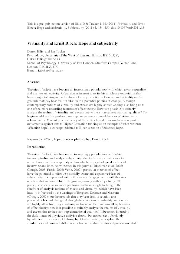 Virtuality and Ernst Bloch: Hope and subjectivity Thumbnail