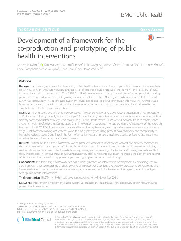 Development of a framework for the co-production and prototyping of public health interventions Thumbnail