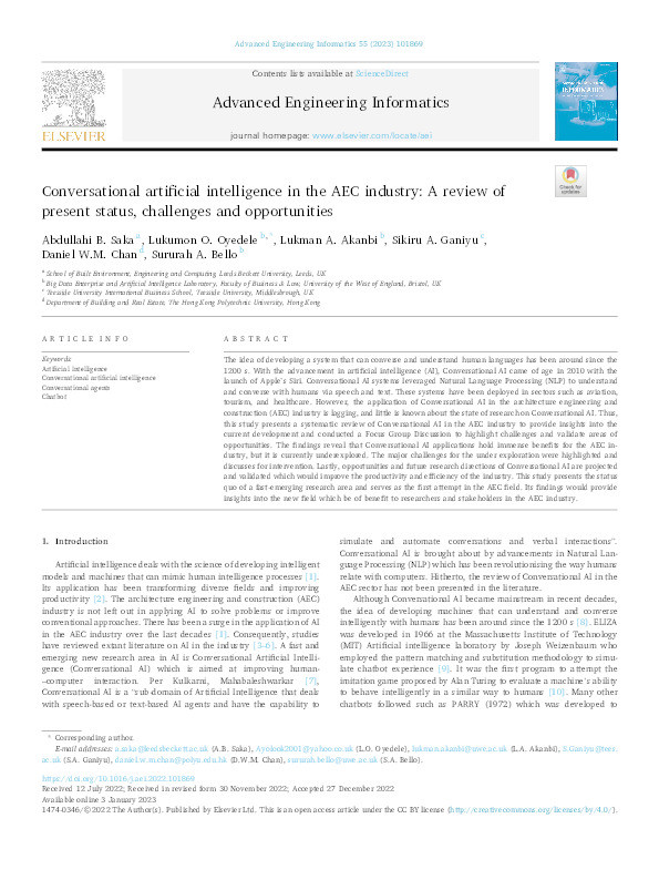 Conversational artificial intelligence in the AEC industry: A review of present status, challenges and opportunities Thumbnail