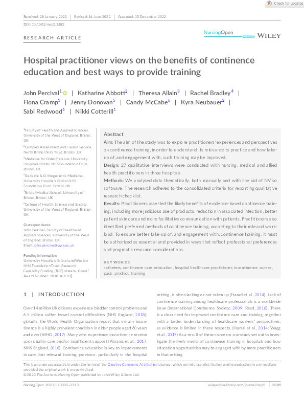 Hospital practitioner views on the benefits of continence education and best ways to provide training Thumbnail